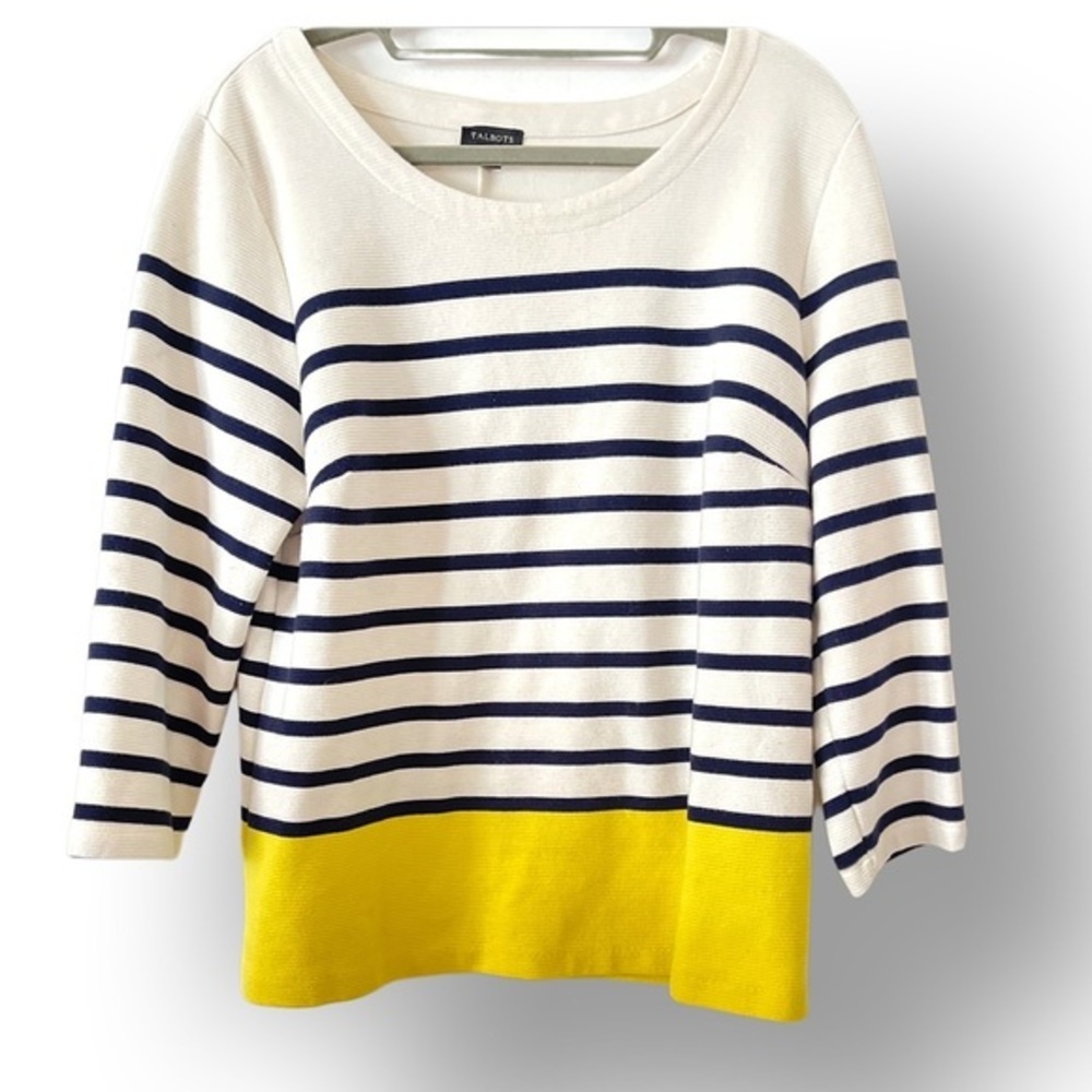 Talbots Pullover Top, Cream/Navy/Yellow, Size L blue and yellow stripe